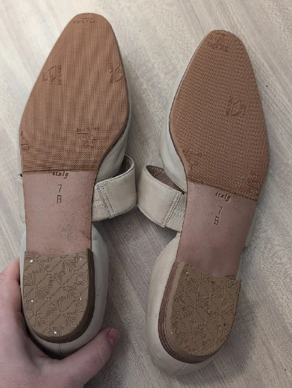 Saks Fifth Avenue Taupe Leather Pointed Flats with Gold Buckle